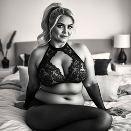 A stylish 40-year-old curvy and chubby woman with blonde hair elegantly styled in a ponytail, captured in a retro monochrome photo