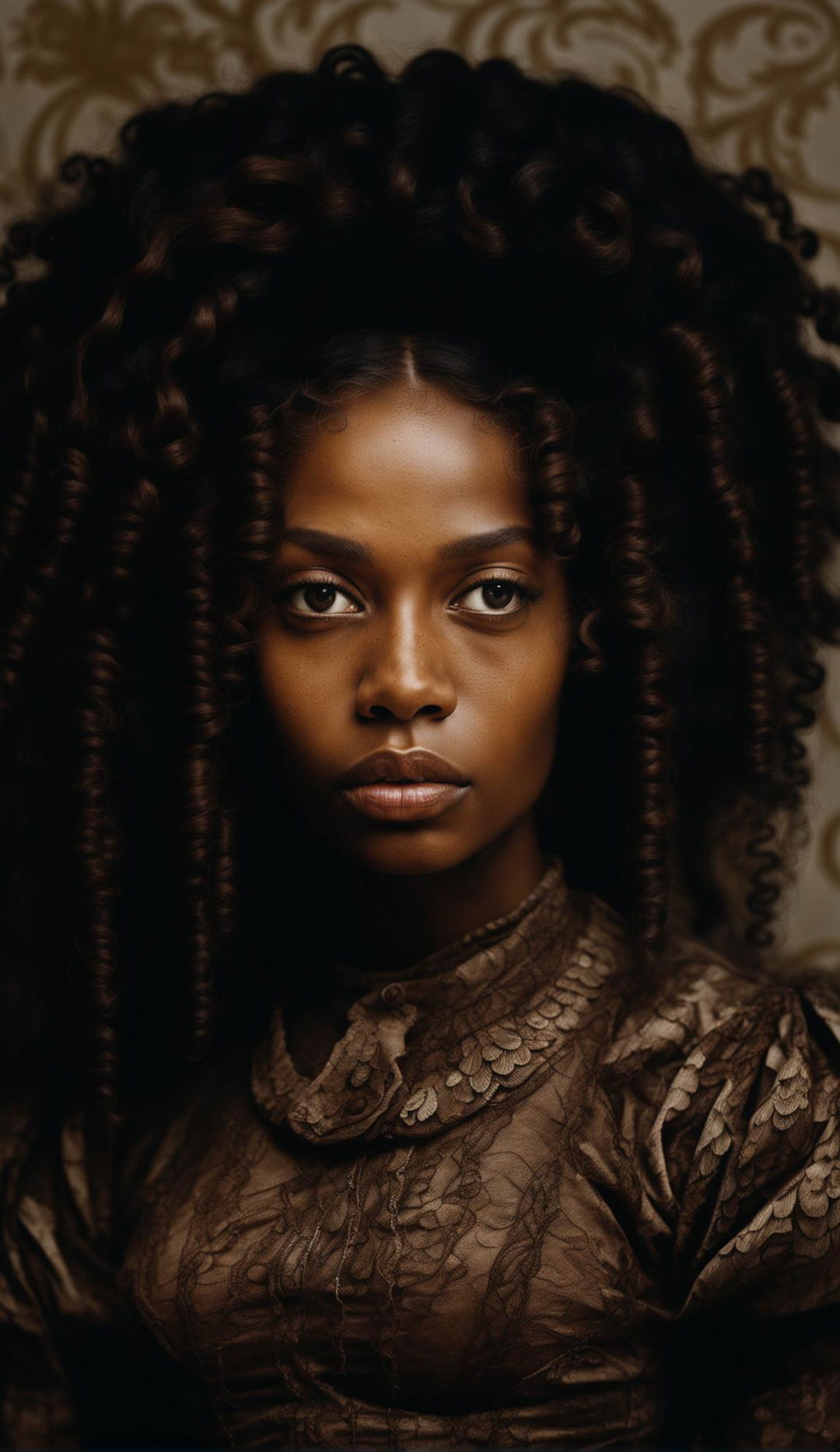 Ultra high-resolution 36k candid photograph by Julia Margaret Cameron featuring a black woman in Victorian-era attire with vividly detailed features against a softly blurred background.