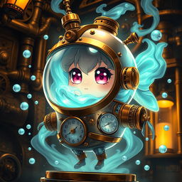 An anime-style character made entirely of glowing, swirling gas, encased in a whimsical steampunk fish tank suit