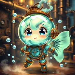 An anime-style character made entirely of glowing, swirling gas, encased in a whimsical steampunk fish tank suit