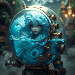A captivating water elemental character encased in a beautifully designed steampunk fish tank suit
