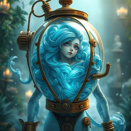 A captivating water elemental character encased in a beautifully designed steampunk fish tank suit