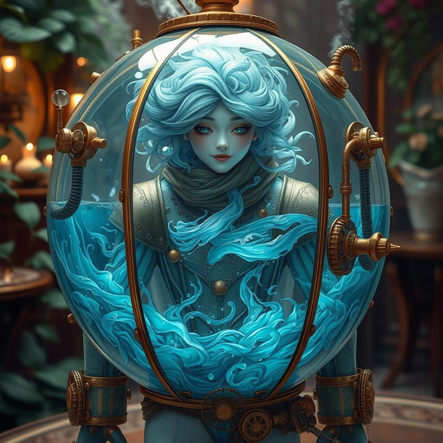 A captivating water elemental character encased in a beautifully designed steampunk fish tank suit