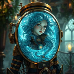 A captivating water elemental character encased in a beautifully designed steampunk fish tank suit