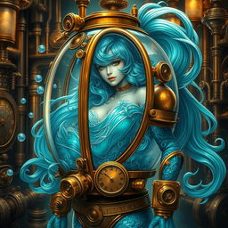 A striking water elemental character enclosed in an elaborate steampunk fish tank suit