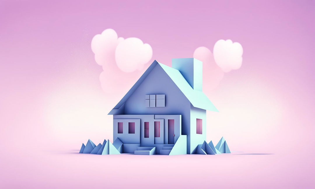 A dreamlike digital art piece featuring a pastel blue origami house floating amidst soft clouds against a gradient background transitioning from pastel pink to lavender, with ethereal light rays and floating paper particles.