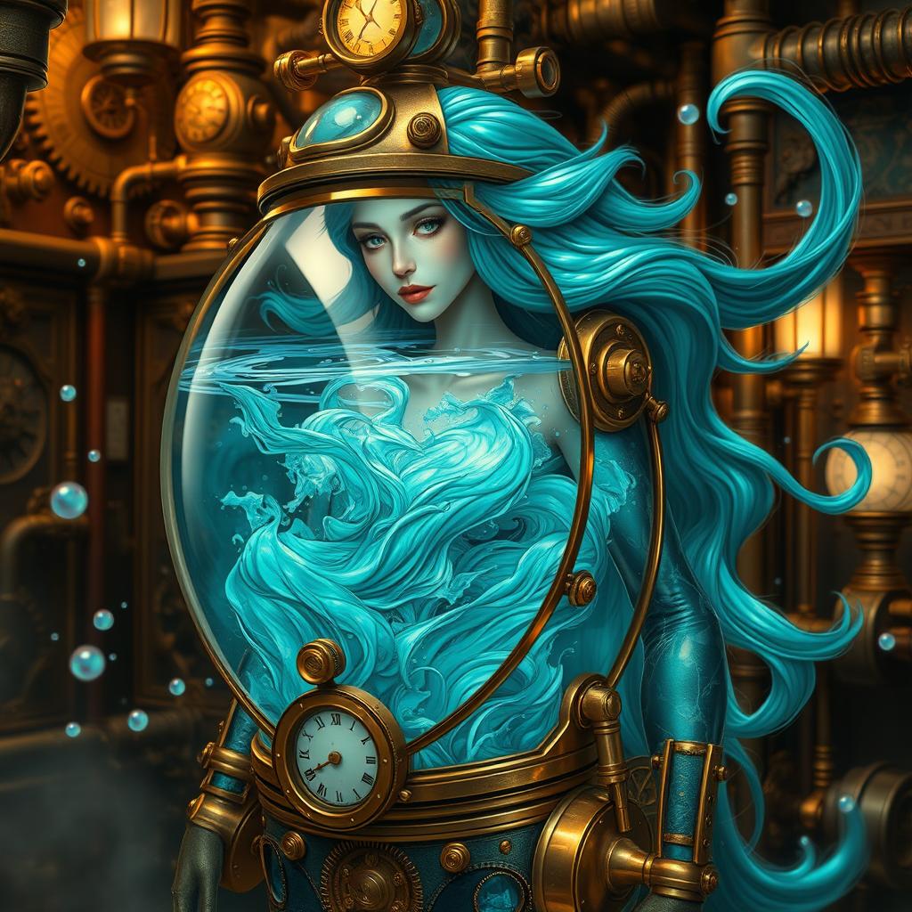 A striking water elemental character enclosed in an elaborate steampunk fish tank suit