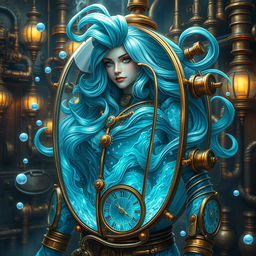 A striking water elemental character enclosed in an elaborate steampunk fish tank suit