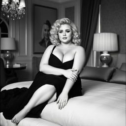 An analogue Fuji film monochrome photo featuring a fat and curvy blonde woman with luscious curly hair, dressed in an elegant black dress