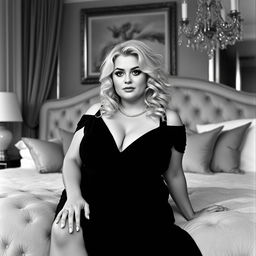 An analogue Fuji film monochrome photo featuring a fat and curvy blonde woman with luscious curly hair, dressed in an elegant black dress