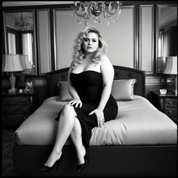 An analogue Fuji film monochrome photo featuring a fat and curvy blonde woman with luscious curly hair, dressed in an elegant black dress