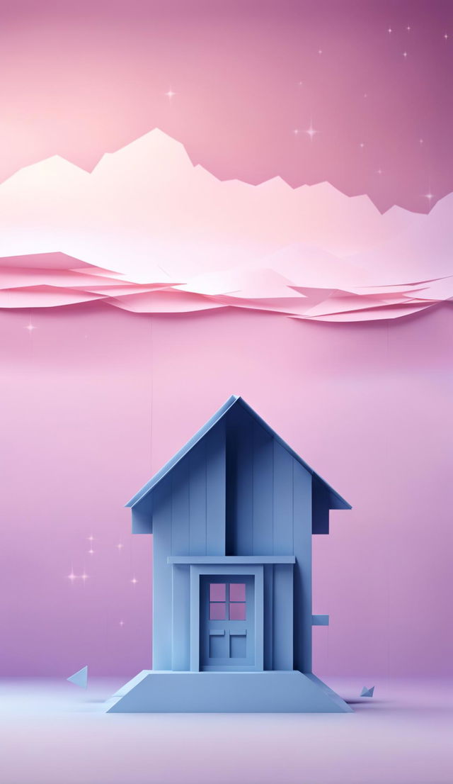 A whimsical digital art piece featuring a pastel blue origami house floating amidst soft clouds and twinkling stars against a gradient background transitioning from pastel pink to lavender, with ethereal light rays and floating paper particles.