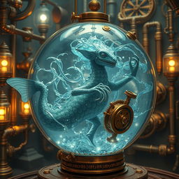 A mesmerizing water elemental creature encased in a stunning steampunk fish tank suit