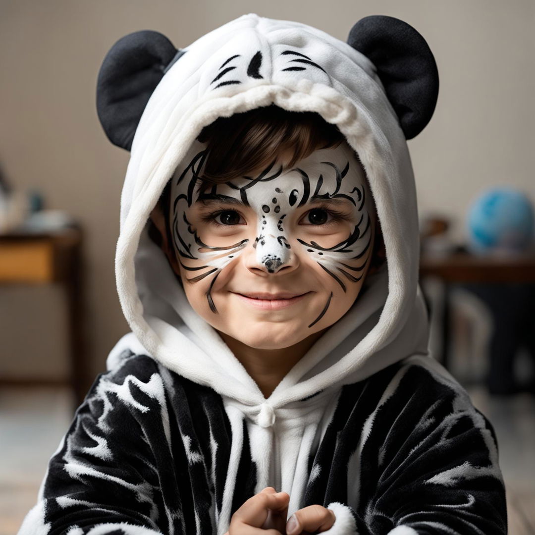 A young boy with detailed panda facepaint and a fluffy panda costume stands playfully against a simple background.