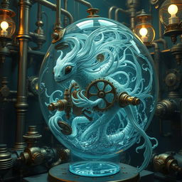 A mesmerizing water elemental creature encased in a stunning steampunk fish tank suit