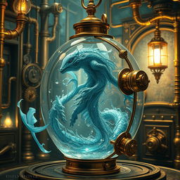 A mesmerizing water elemental creature encased in a stunning steampunk fish tank suit