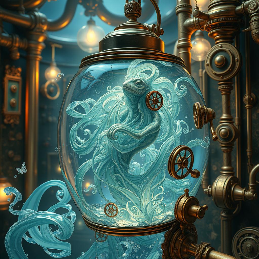 A mesmerizing water elemental creature encased in a stunning steampunk fish tank suit