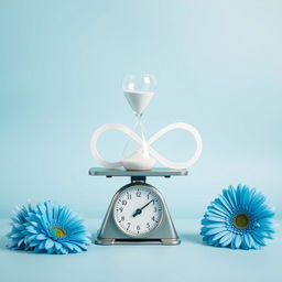 A peaceful composition featuring an elegantly designed hourglass placed on a classic weighing scale alongside a beautifully crafted infinity symbol