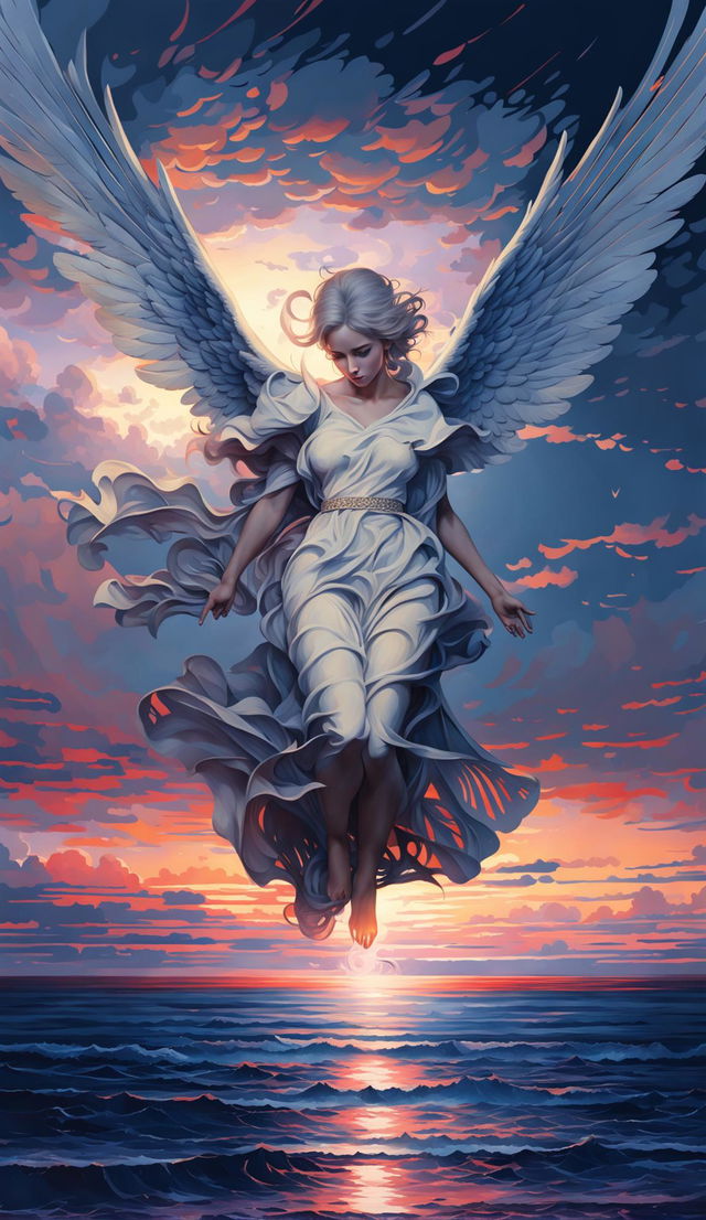 Digital art of a fallen angel with detailed wings falling against a dramatic sky over an infinite horizon.