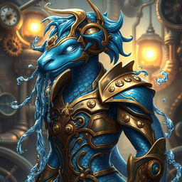 An enchanting water elemental creature clad in intricate steampunk armor