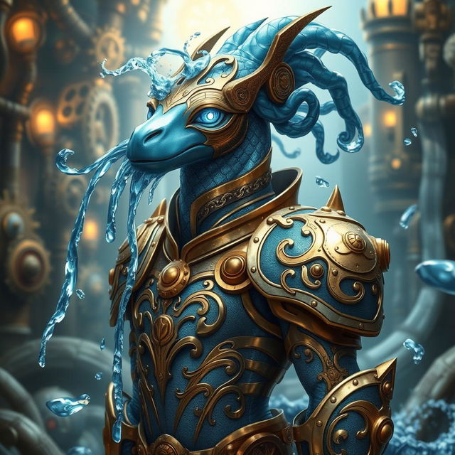 An enchanting water elemental creature clad in intricate steampunk armor