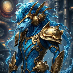 An enchanting water elemental creature clad in intricate steampunk armor
