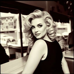 An analogue Fuji film monochrome photo featuring a curvy blonde woman with beautifully curled hair, dressed in an elegant black dress