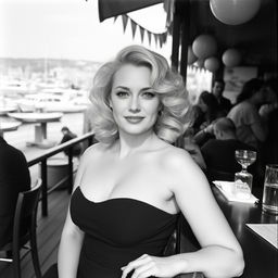 An analogue Fuji film monochrome photo featuring a curvy blonde woman with beautifully curled hair, dressed in an elegant black dress