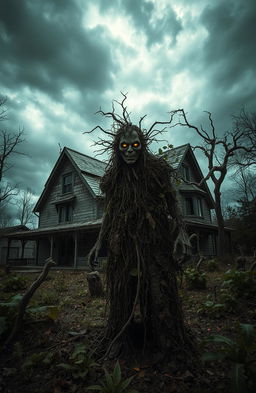 A dark and eerie landscape, featuring a rundown, overgrown house with decay and neglect
