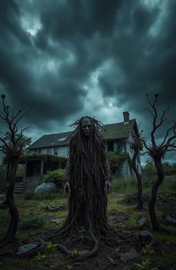 A dark and eerie landscape, featuring a rundown, overgrown house with decay and neglect