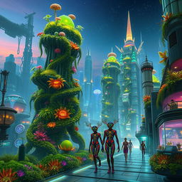 A vibrant biopunk cityscape featuring towering organic structures entwined with bioluminescent plants and futuristic technology