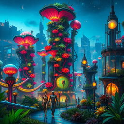 A vibrant biopunk cityscape featuring towering organic structures entwined with bioluminescent plants and futuristic technology