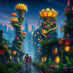 A vibrant biopunk cityscape featuring towering organic structures entwined with bioluminescent plants and futuristic technology