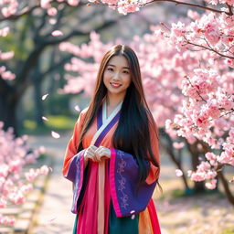 A beautiful Korean girl with long, dark hair, wearing a stylish traditional hanbok with vibrant colors, standing in a picturesque cherry blossom garden filled with pink flowers