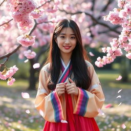 A beautiful Korean girl with long, dark hair, wearing a stylish traditional hanbok with vibrant colors, standing in a picturesque cherry blossom garden filled with pink flowers