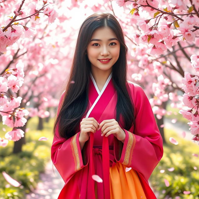 A beautiful Korean girl with long, dark hair, wearing a stylish traditional hanbok with vibrant colors, standing in a picturesque cherry blossom garden filled with pink flowers