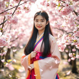 A beautiful Korean girl with long, dark hair, wearing a stylish traditional hanbok with vibrant colors, standing in a picturesque cherry blossom garden filled with pink flowers
