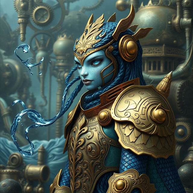 A captivating water elemental being adorned in elaborate steampunk armor