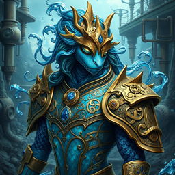 A captivating water elemental being adorned in elaborate steampunk armor