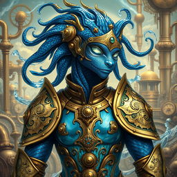 A captivating water elemental being adorned in elaborate steampunk armor