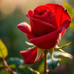 A beautiful close-up of a single rose in full bloom, showcasing its vibrant red petals with dew drops glistening in the morning light