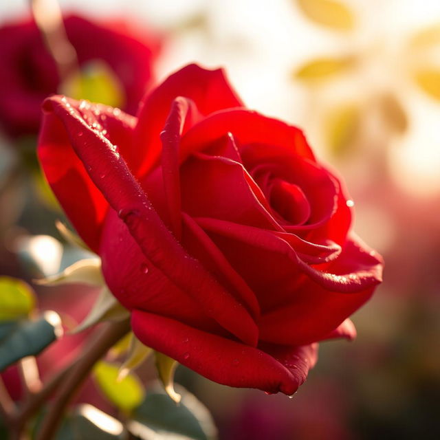 A beautiful close-up of a single rose in full bloom, showcasing its vibrant red petals with dew drops glistening in the morning light