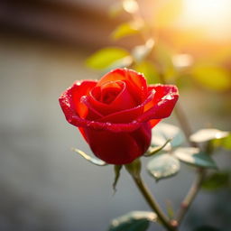 A beautiful close-up of a single rose in full bloom, showcasing its vibrant red petals with dew drops glistening in the morning light