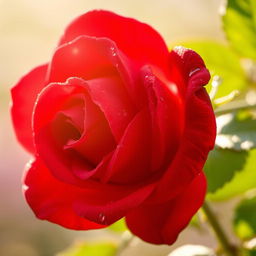 A beautiful close-up of a single rose in full bloom, showcasing its vibrant red petals with dew drops glistening in the morning light
