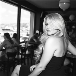An analogue Fuji film black and white photo depicting a curvy blonde woman with long, flowing hair, elegantly dressed in a black dress