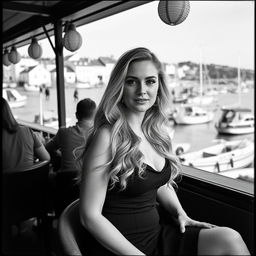 An analogue Fuji film black and white photo depicting a curvy blonde woman with long, flowing hair, elegantly dressed in a black dress