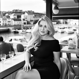 An analogue Fuji film black and white photo depicting a curvy blonde woman with long, flowing hair, elegantly dressed in a black dress