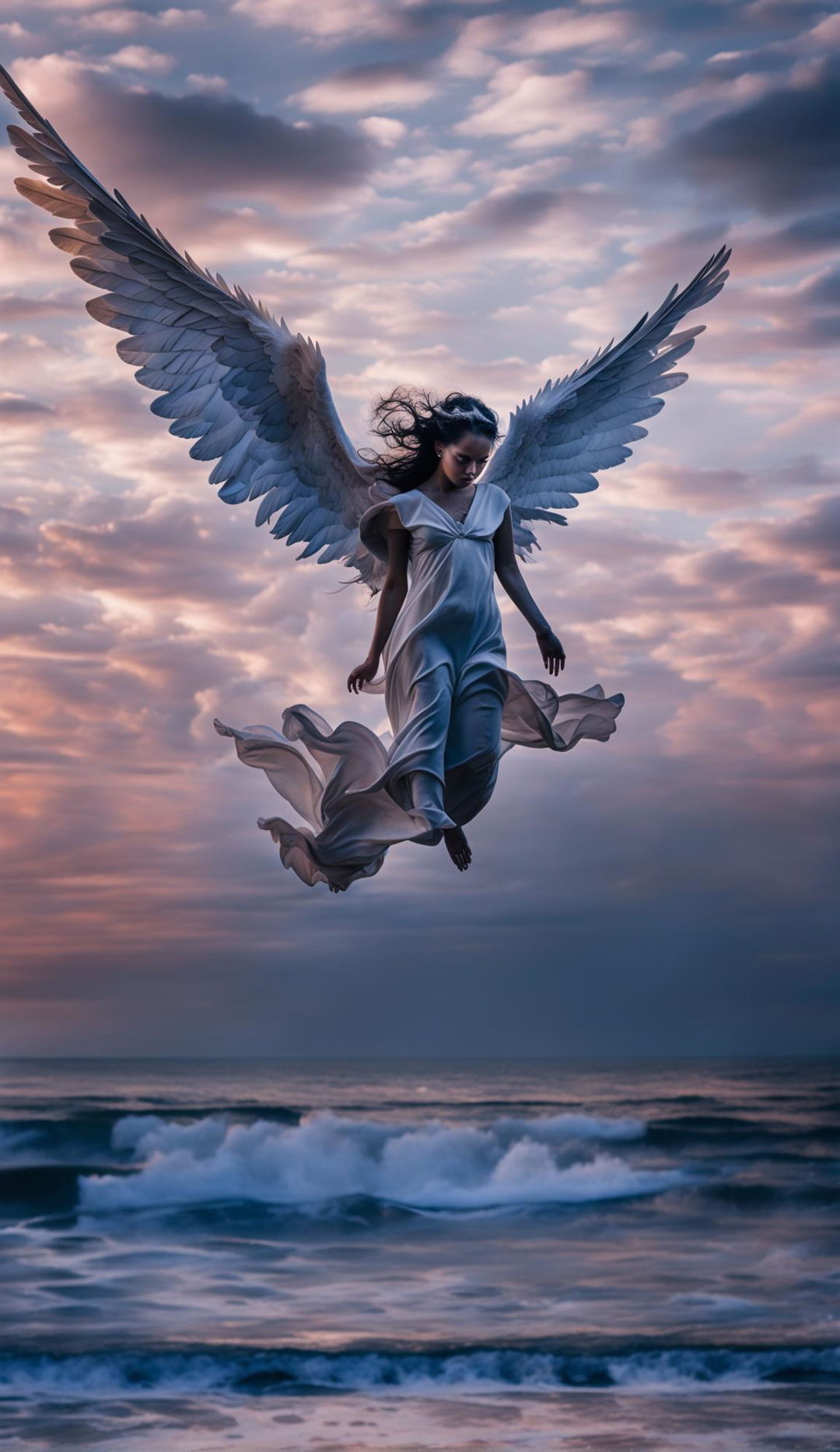 A high-definition raw photograph capturing a realistic fallen angel with immense detail against a dramatic sky over an infinite horizon.