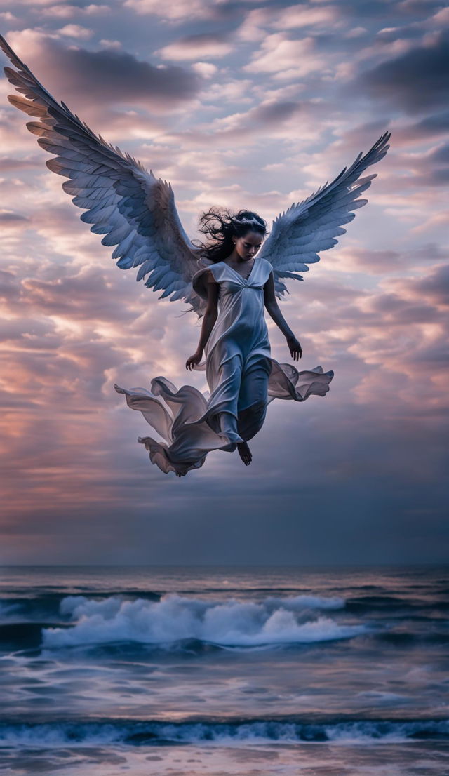 A high-definition raw photograph capturing a realistic fallen angel with immense detail against a dramatic sky over an infinite horizon.