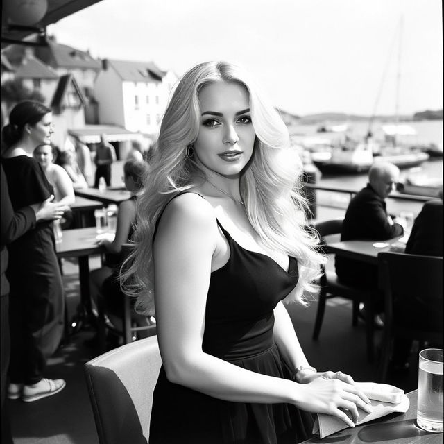 An analogue Fuji film black and white photo depicting a curvy blonde woman with long, flowing hair, elegantly dressed in a black dress